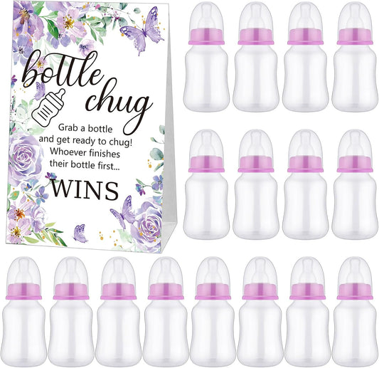 TrelaCo Bottle Chug Baby Shower Game 20 Pcs Baby Bottles Shower Favor with 1 Butterfly Theme Sign for Gender Reveal Party Supplies Gifts(Purple)