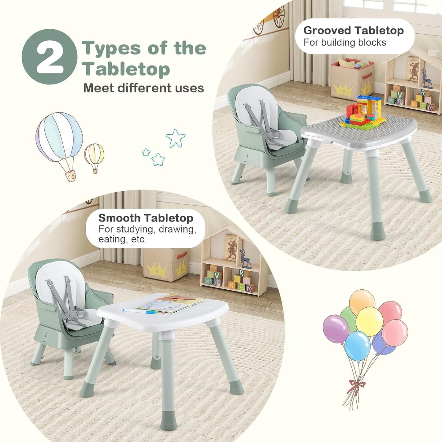 BABY JOY Baby High Chair, 8 in 1 Convertible Highchair for Babies & Toddlers | Booster Seat | Table and Chair Set | Building Block Table | Toddler Chair with Safety Harness, Removable Tray (Green)