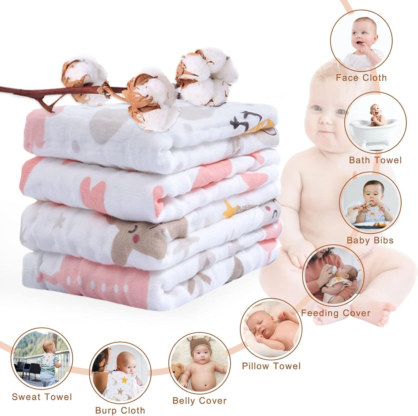 Viviland Baby Muslin Burp Cloths, 10 x 20 inches 6-Layer Baby Bath Towels, 100% Cotton Super Absorbent Washcloths for Baby Girl and Boy, Pink Heart & Star Pattern 4 Pack