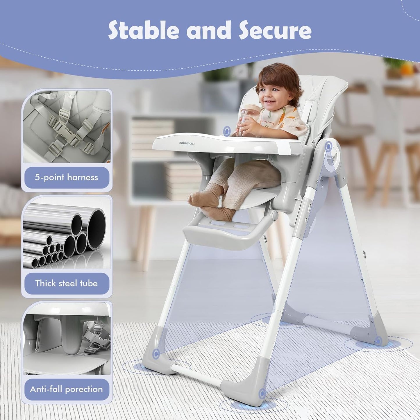 4 in 1 High Chairs for Babies and Toddlers, Convertible Foldable Baby High Chairs, Feeding and Eating Seat Highchair with 4 Levels of Recline and 7 Levels of Height Adjustment, Gray