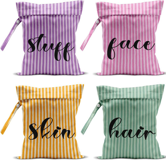 4 Pack Cute Wet Bag Waterproof Reusable Wet Dry Bag for Swimsuit Clothes Diaper Travel Pool Toiletries for Women Birthday Christmas (Stripes Purple Pink Green Yellow Face Stuff Skin Hair Organizer)
