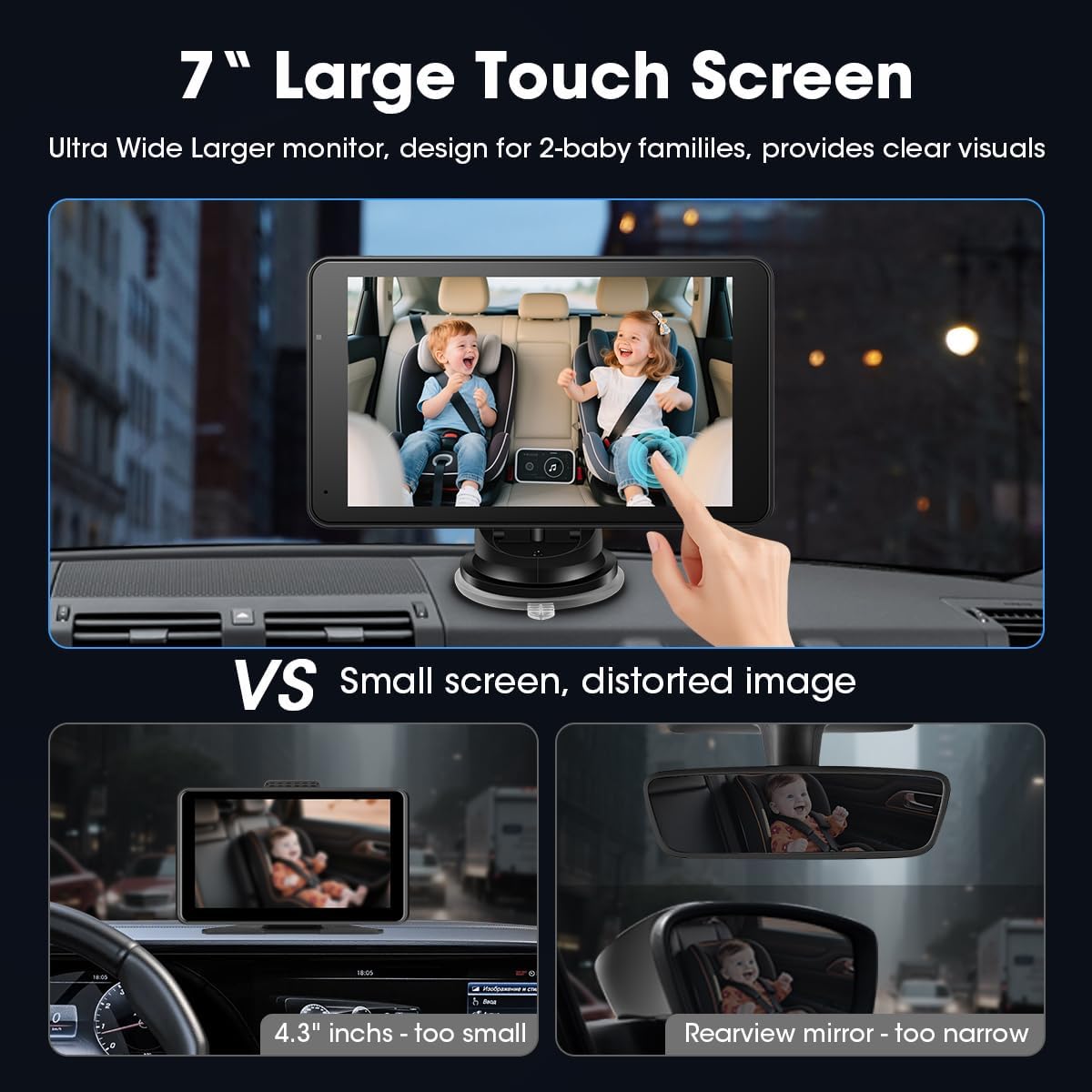 Baby Car Camera 7" AHD Car Baby Monitor with with Apple CarPlay & Android Auto 1080P Car Camera for Baby with Ultra Night Vision 150° Wide Angle, Invisible Infrared Lights【Limited-Time】