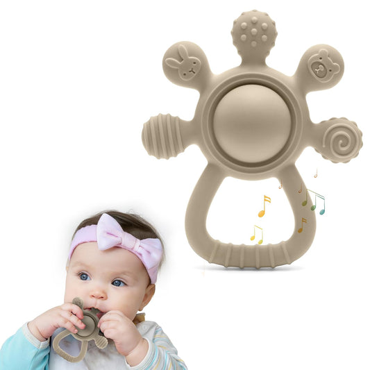 Silicone Rattle Teether for Babies – Soft BPA-Free Teething Toy & Sensory Rattle – 100% Food Grade Silicone, CPC Certified – Soothing Relief for Infants & Toddlers (Rudder - Beige)