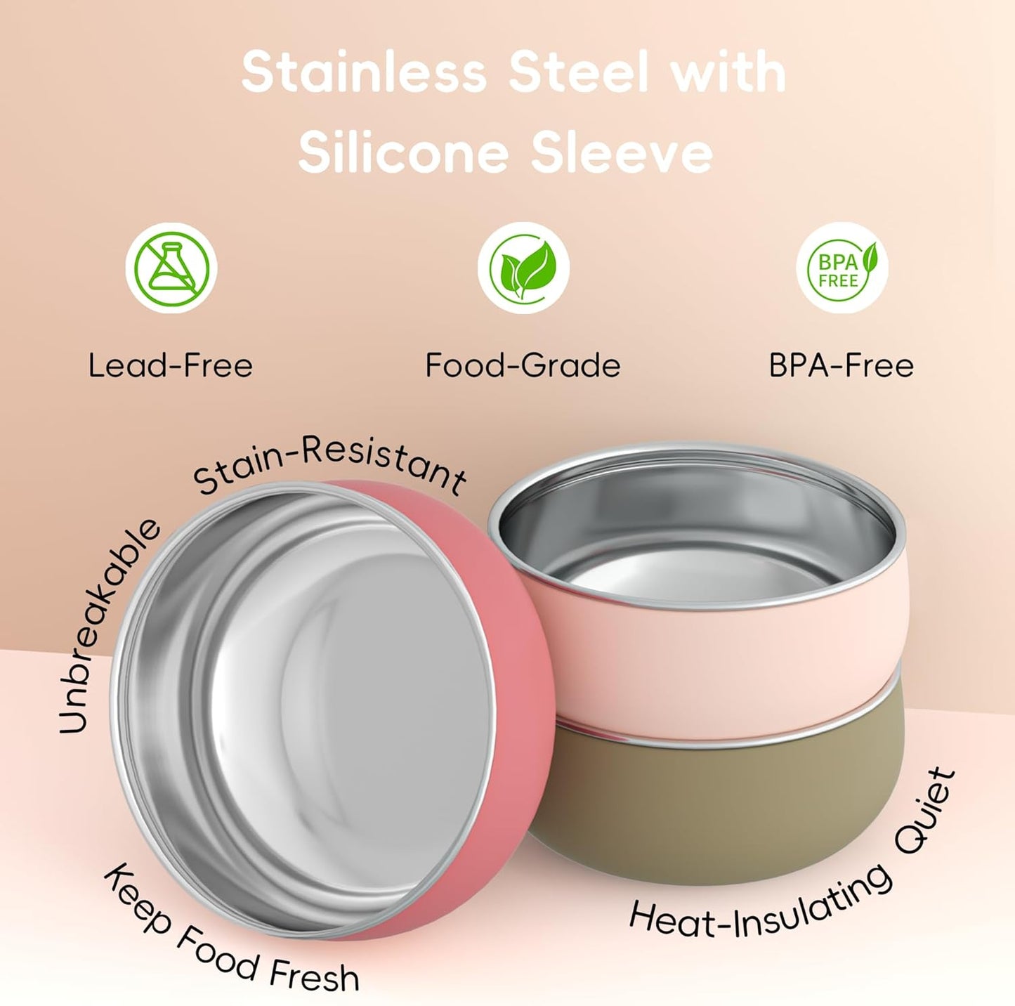 Bella's Friends Stainless Steel Baby Bowls with Silicone Sleeve 3 Pack, 4.3” for Toddlers Kids Feeding, Non-Slip, Non-Toxic, Mess-Free, Dishwasher Safe, Fit High Chair Size, Rose green Khaki