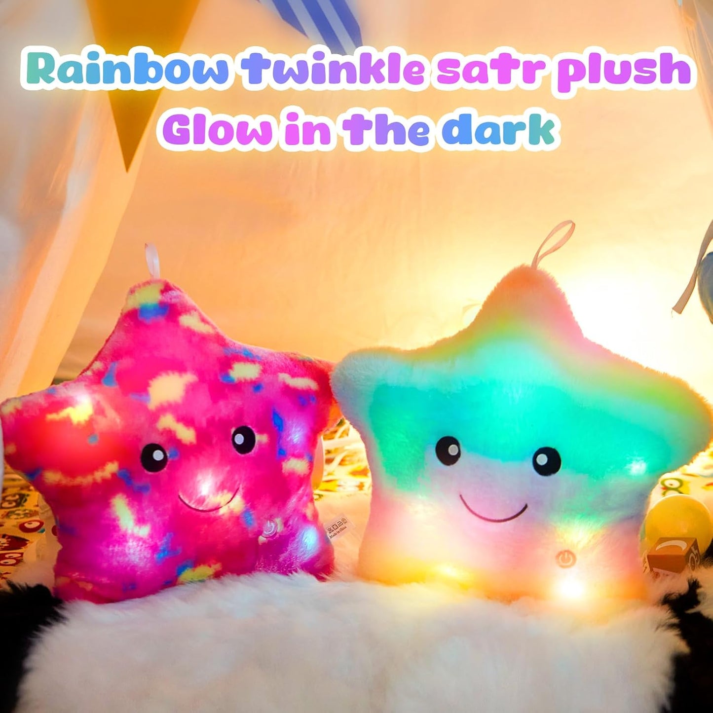 WEWILL 13'' Rainbow Light up Twinkle Star Glowing LED Night Light Plush Toy Pillows Stuffed Animal Birthday Christmas Holiday Valentines Gifts for Toddlers Girls