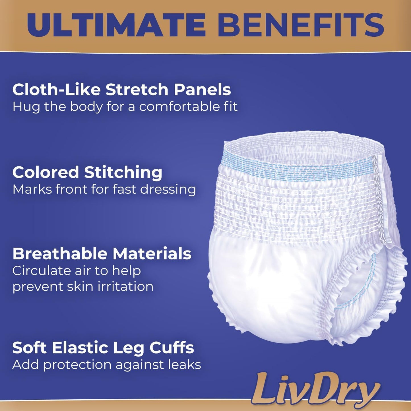 LivDry Ultimate Adult Incontinence Underwear, High Absorbency, Leak Cuff Protection, Small, 18-Pack
