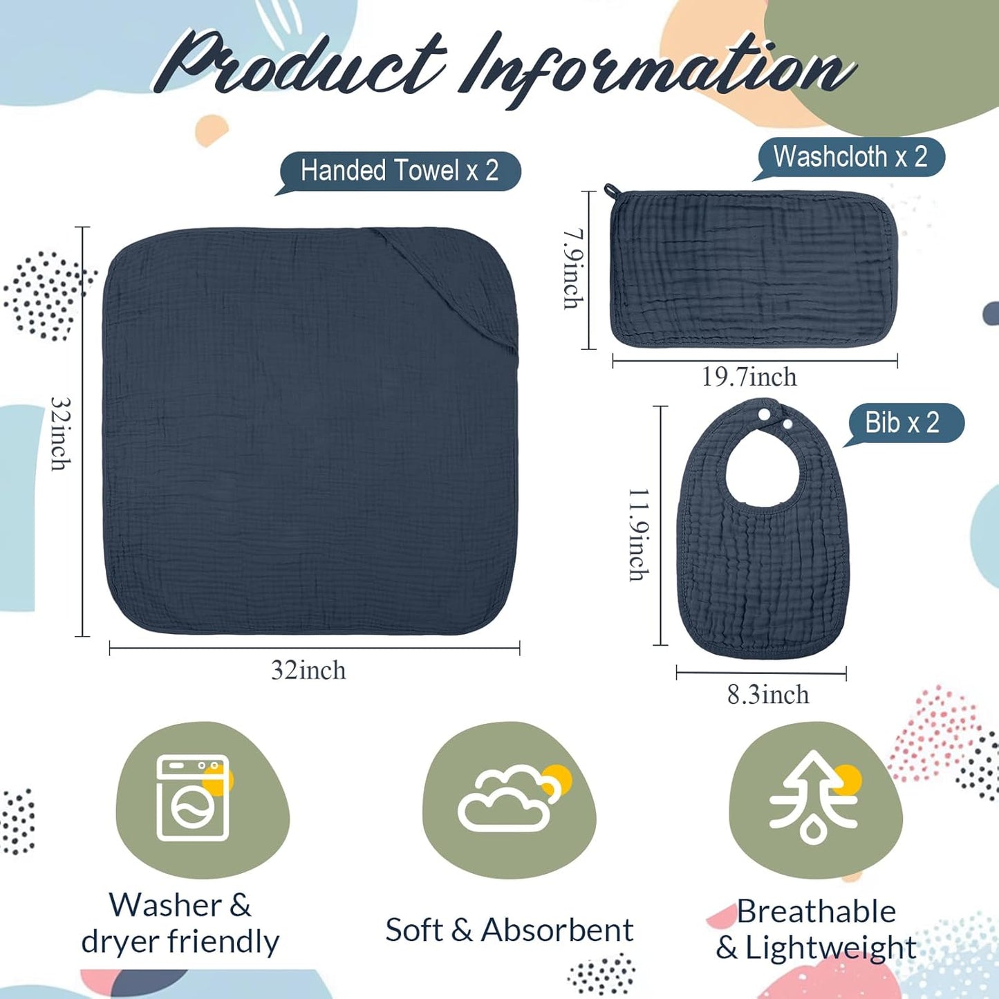 6 Pcs Muslin Hooded Bath Towels Washcloths and Bibs Set, Muslin Cotton Baby Towels Absorbent Hooded Blanket Towel Infant Bibs for Boys Girls Newborn Infant Essentials(Blue, Green)