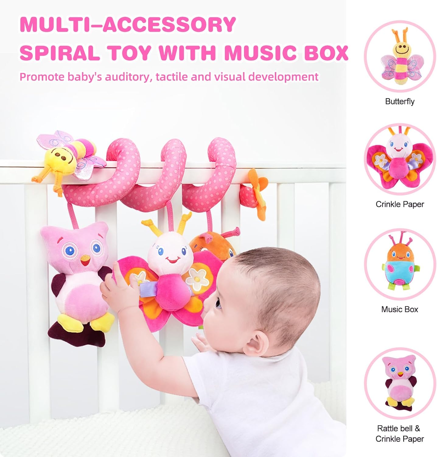 Jollybaby Crib Stroller Car Seat Toys for Baby 0-3-6-9-12 Months, Tummy Time Hanging Sensory Toys for Newborn with Music Box and Teether, Spiral Carseat Toy for Infant Boys Girls Gifts (13-Pink)