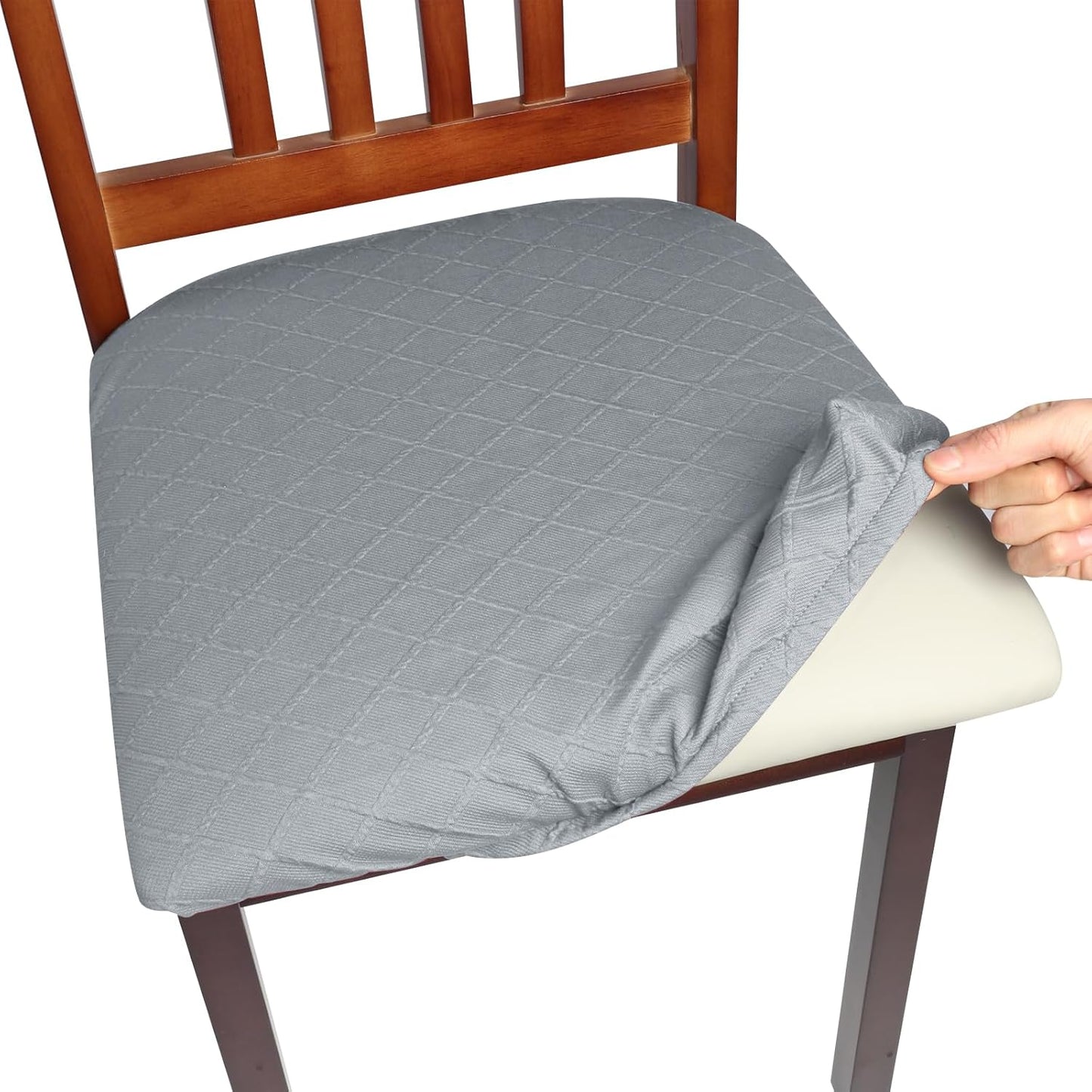 Yikko Chair Seat Covers, High-Density Check Jacquard Ekedalen Seat Covers for Dining Kitchen Restaurant Banquet, Stretch Removable Washable Chair Seat Cushion Protector (4, Silver Gray)