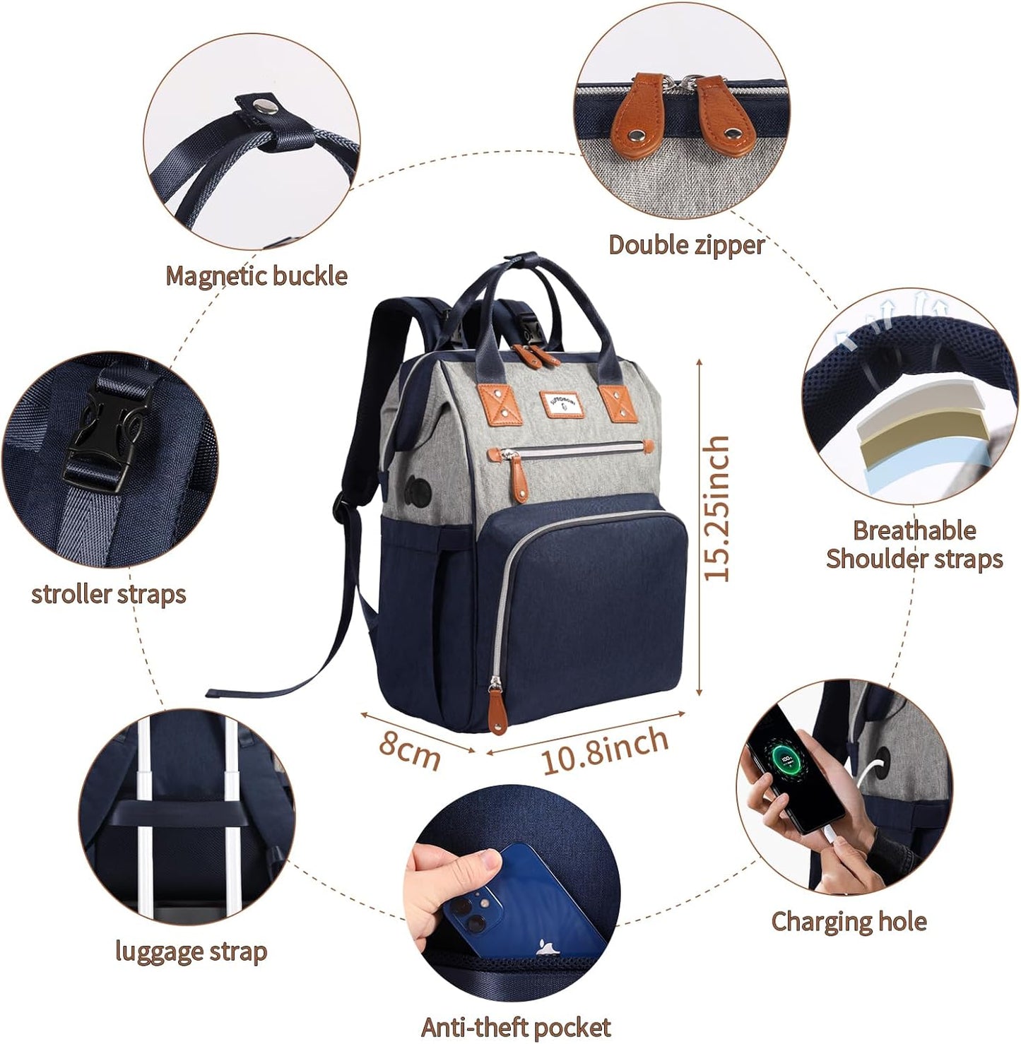 Diaper Bag Backpack: Tote Baby Bag for Boy and Girl, Large Mommy Bag Insulated Pockets Charger Holes for Men and Women, Nappy Bag for Baby Airplane Traveing Blue Grey