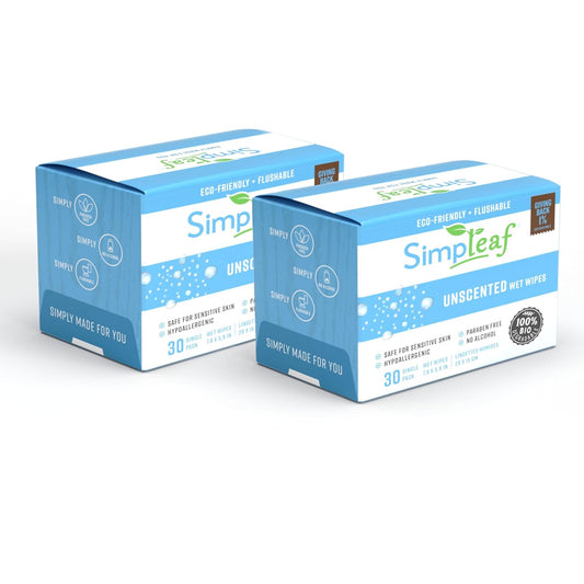 Simpleaf Flushable Unscented Single Pack Wet Wipes | Paraben & Alcohol Free | Hypoallergenic & Safe for Sensitive Skin | Soothing Aloe Vera Formula | (30 x 2 Single Pack Wipes) 60 Counts Total