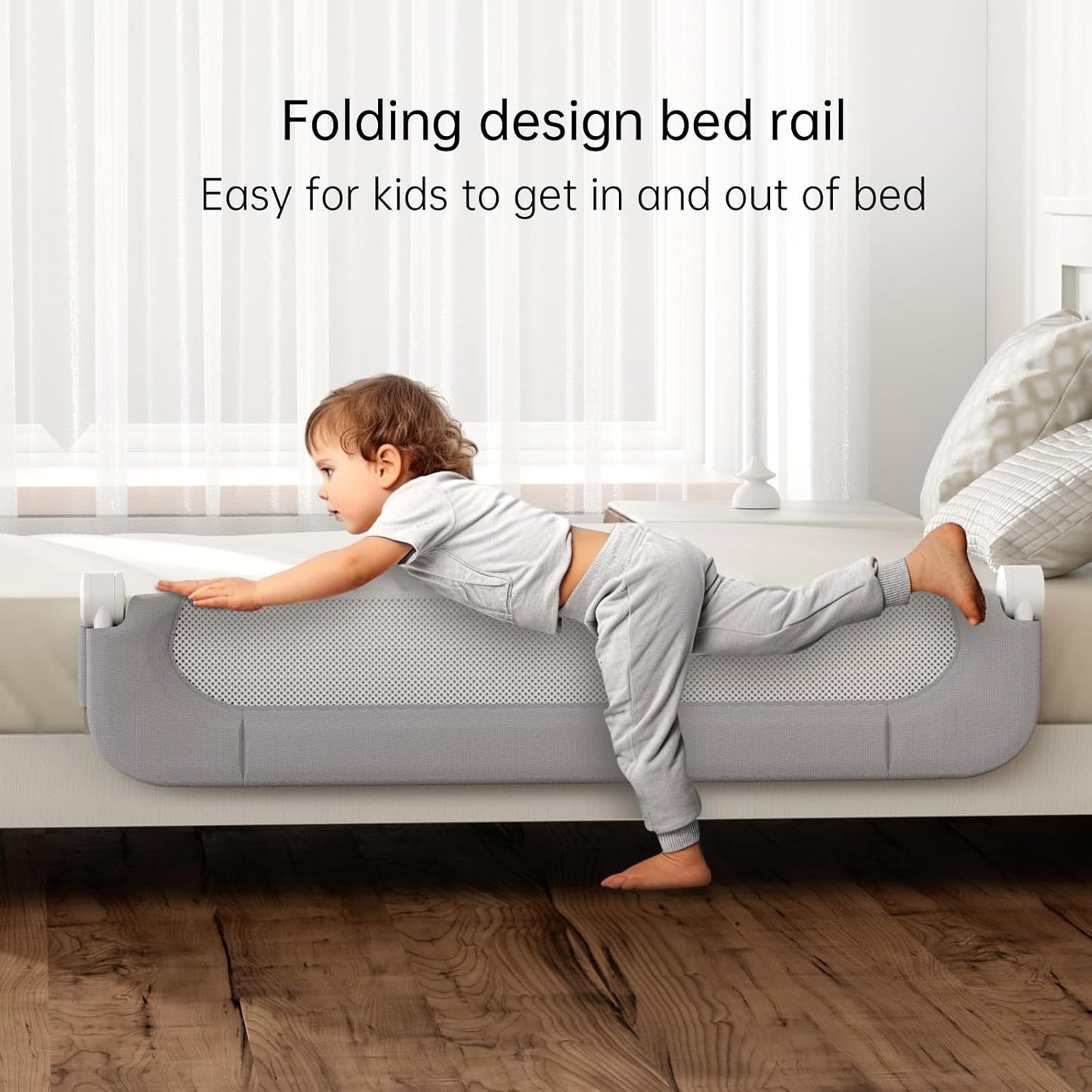 Folding Bed Rail for Toddlers,Baby Bed Rail Guard with Reinforced Anchor Safety System,Fit Bunk,Full Size,Queen,King,Twin(Grey,59"x23.6")