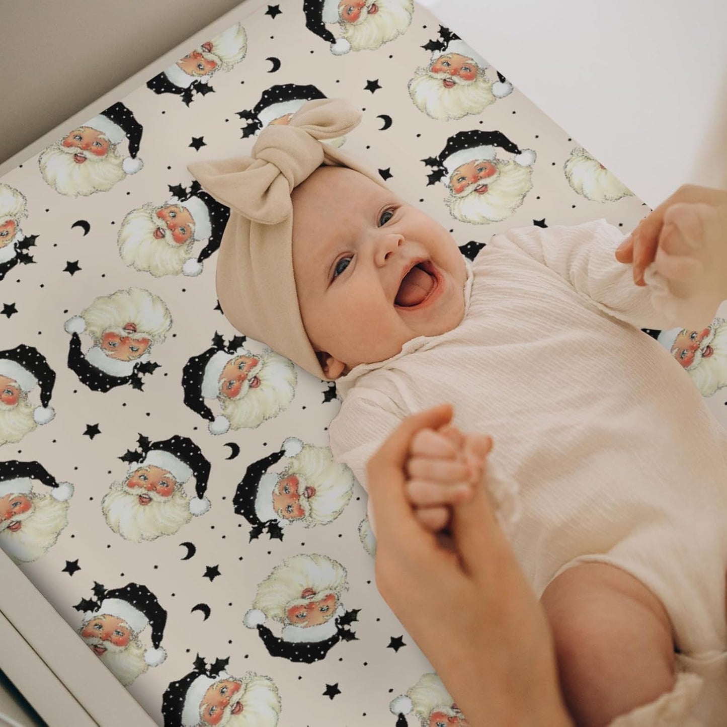 Vintage Christmas Santa Claus Baby Changing Pad Covers for Boy Girl Retro Santa Fir Leaves Moon Stars Fitted Changing Table Mats Winter Holiday Festive Soft Diaper Change Table Cover Sheets 32''×16''