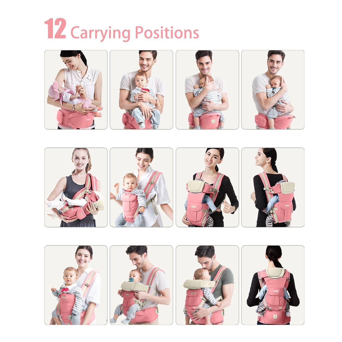 Baby Carrier with Hip Seat,Baby Newborn to Toddler,6-in-1 Adjustable & Removable Baby Hip Carrier for 0-36 Months (2118, Pink)
