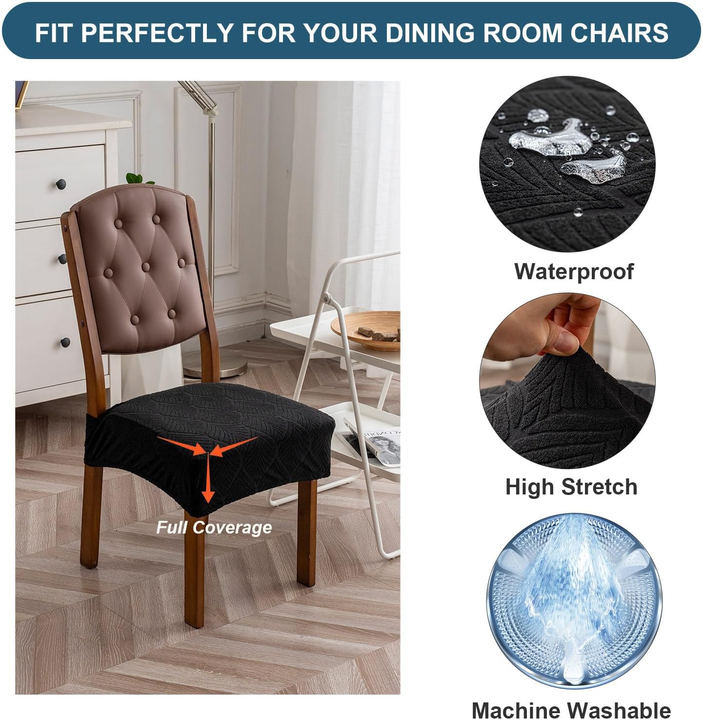 Removable and Washable Seat Covers for Dining Room Chairs Set of 6 - Waterproof Stretch Chair Seat Slipcovers, No Back Covers
