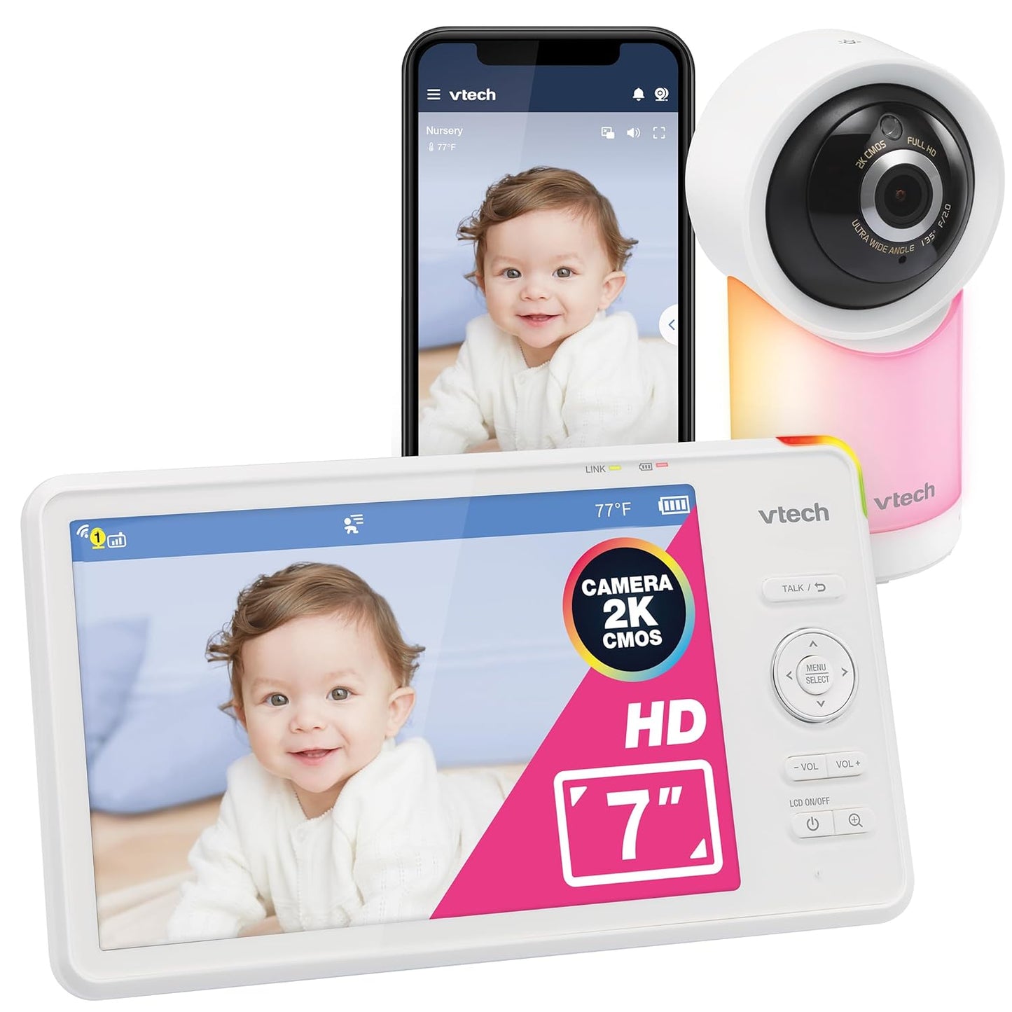 VTech Smart WiFi 7” HD Display Video Baby Monitor, 1080p HD Camera via App, Pan-Tilt-Zoom, Night Light, 2-Way Talk, 2K CMOS Video Sensor, Wide-Angle Viewing, Rechargeable Battery, Free App: RM7866HD