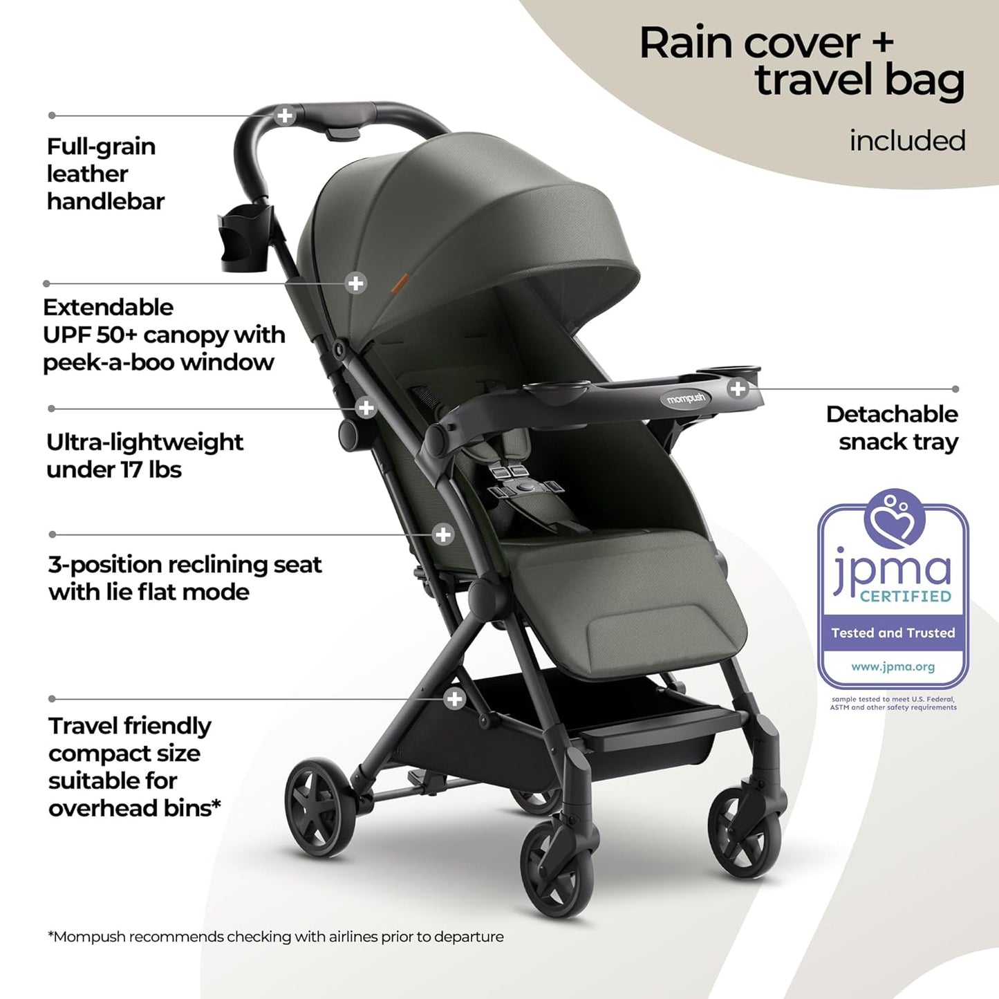 Mompush Lithe V2 Lightweight Travel Stroller, Compact Foldable Baby Stroller with Travel Bag, One-Hand Fold Stroller, Snack Tray, Mechanical Recline Seat, Airplane-Ready, Organizer & Rain Cover