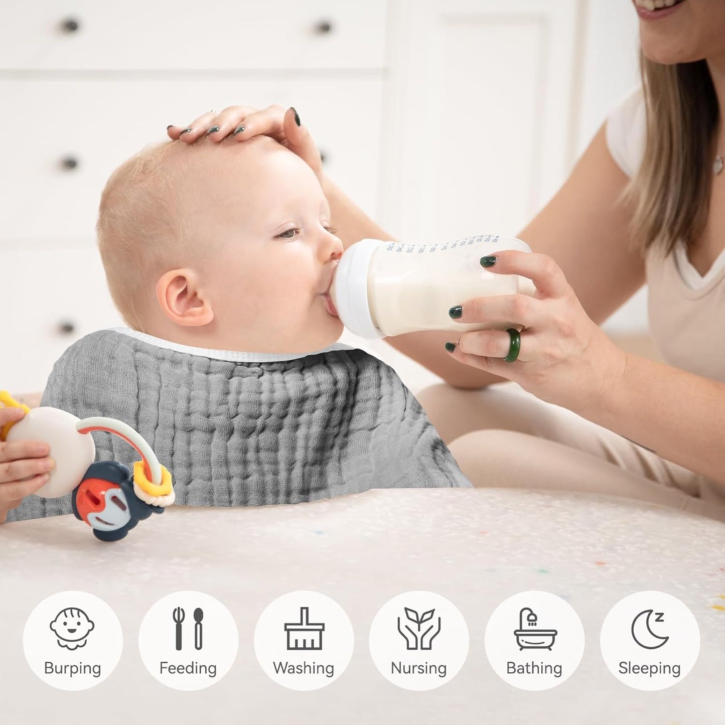 Synrroe Burp Cloths Large, Muslin Burp Cloths for Baby Girls and Boys, Pack of 4 Extra Absorbent and Soft Muslin, 6 Layers 20 by 10 Inches 100% Cotton (Grey-White 4 Pack)