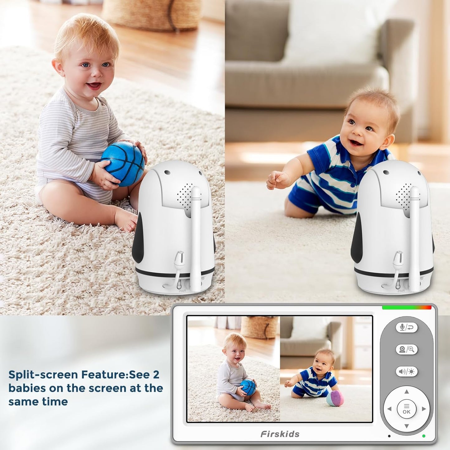 Baby Monitor with 2 Cameras No WiFi, 4.3" IPS Split-Screen, 30H Battery, Pan-Tilt-Zoom, Night Vision, 2-Way Audio, Room Temp Sensor, Lullaby, Plug & Play - Ideal for Travel