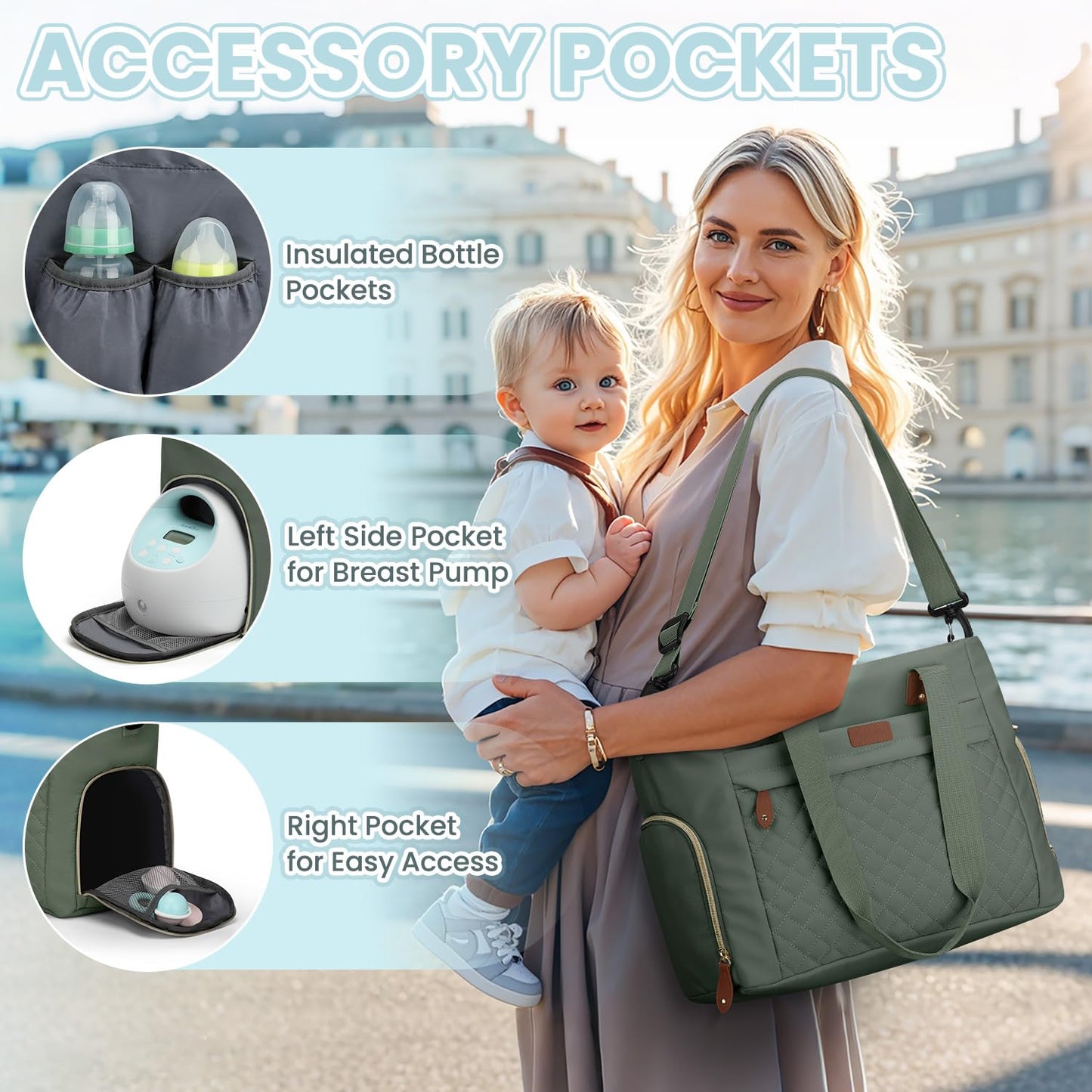 Diaper Bag Tote for Working Mom, Large Travel Diaper Tote for Mom and Dad with 14 Inch Laptop Sleeve, Mommy Maternity Travel Baby Bag for Boys and Girls, Green