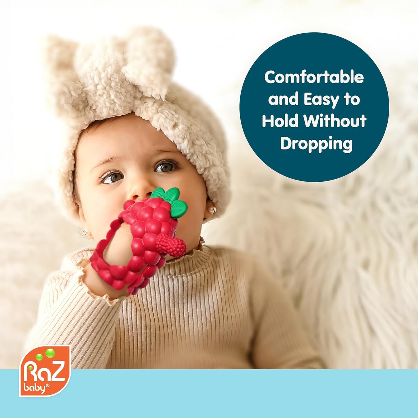 RaZbaby RaZberry Grip Silicone Teether Toy for 3M+ | Drop Resistant Hand Held Teether for Babies and Infants - Designed by Nature with Our Patented BerryBumps Multitextured Design | 3M+, Pink
