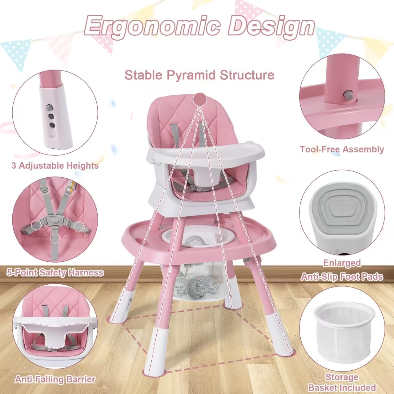 Babyliebe 15-in-1 Baby High Chair, Convertible Highchair for Babies and Toddlers with Activity Center, Booster Seat, Building Block Table, Toddler Chair with Safety Harness, Removable Tray (Pink)