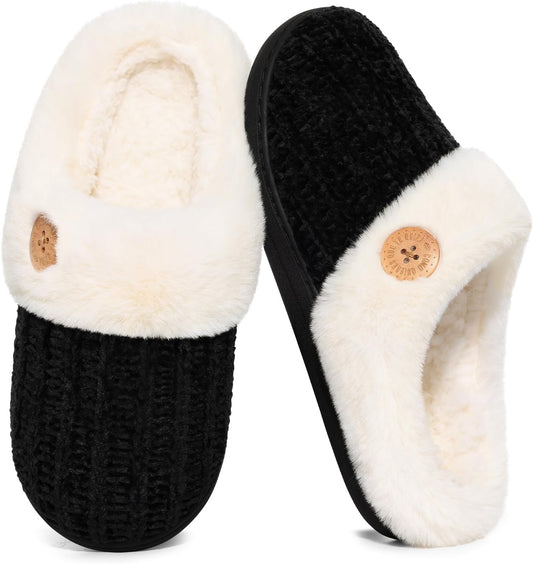 Evshine Warm Knit House Slippers for Women Comfy Wool-Like Lined Chenille Slippers with Memory Foam and Indoor Outdoor Soles