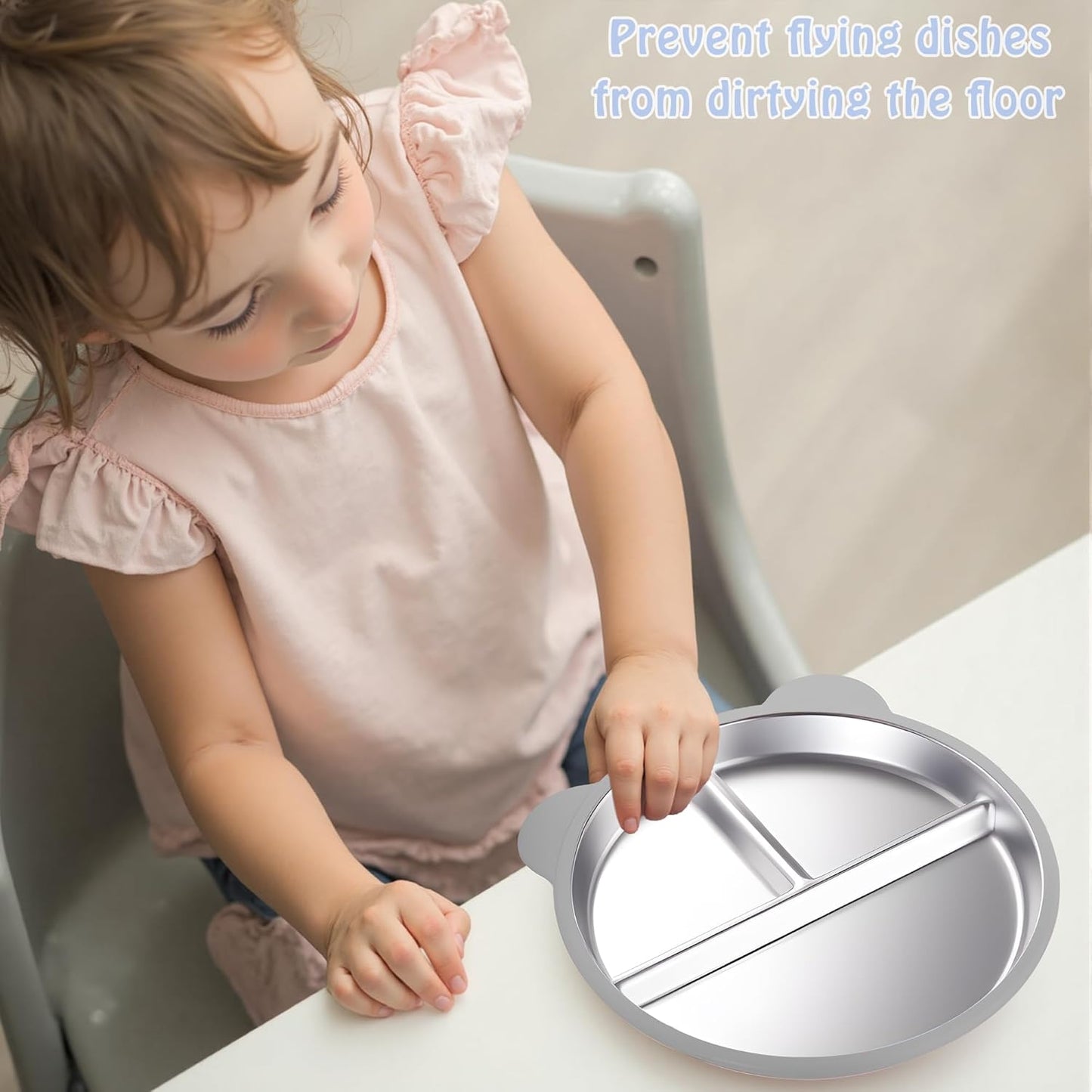 Stainless Steel Kids Plate with Suction Set of 2, 9″ Toddler Divided Plates with Removable Non Slip Silicone Sleeves, Stackable Non-Toxic Baby Self Feeding Dishes, Baby Blue & Light Gray