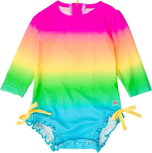 RuffleButts Baby Girls UPF 50+ Sun Protection Novelty Print Long Sleeve One Piece Rash Guard Swimsuit with Zipper