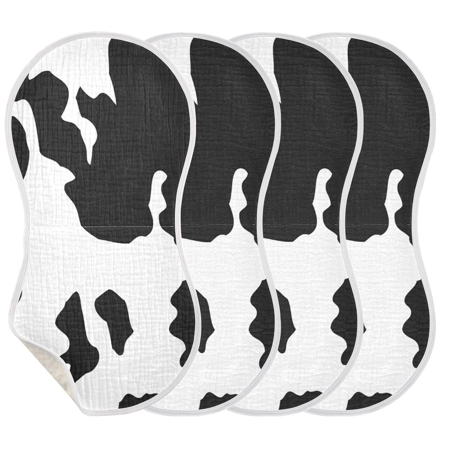 Muslin Baby Burp Cloths Set of 4, Soft Absorbent Animal Cow Print Muslin Washcloths, Bibs, Face Towel for Newborn Boys Girls, 22 x 11 Inch