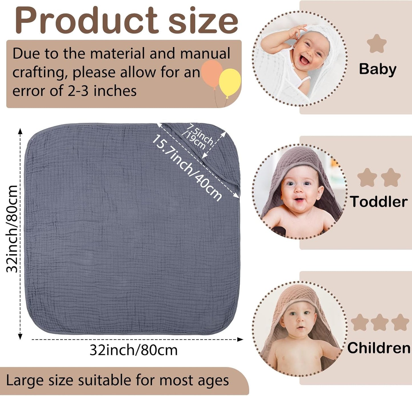 Peryiter 4 Pcs Muslin Hooded Baby Towels, 32"x 32" Cotton Newborn Bath Towel Muslin Infant Baby Blankets Absorbent Unisex Christmas Registry Gift Essentials for Girls Boys (White,Coffee,Blue)