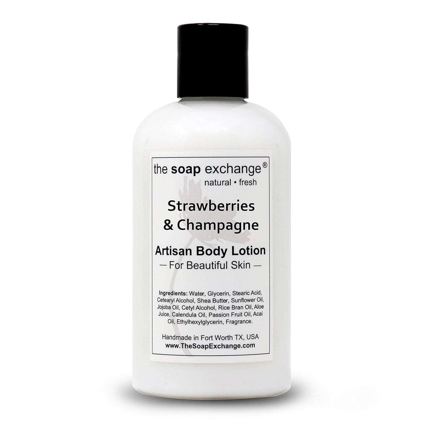 The Soap Exchange Body Lotion - Strawberries & Champagne Scent - Hand Crafted 8 fl oz / 240 ml Natural Artisan Skin Care for Hand, Face, & Body, Moisturize, Hydrate, & Protect. Made in the USA.