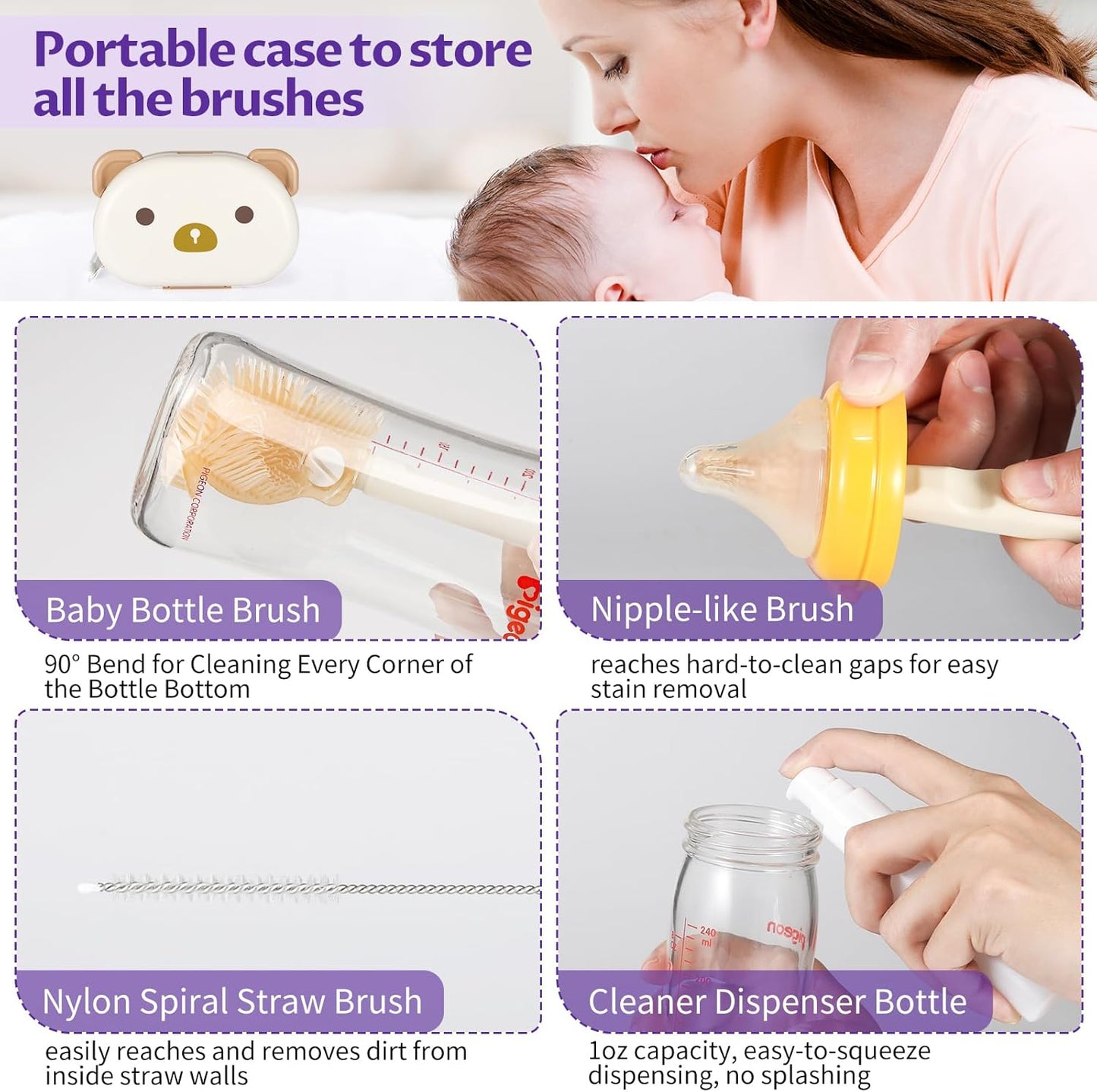 VOOWO Baby Bottle Brush & Drying Rack, Travel Bottle Cleaner Kit, Silicone Nipple & Straw Cleaner (White)