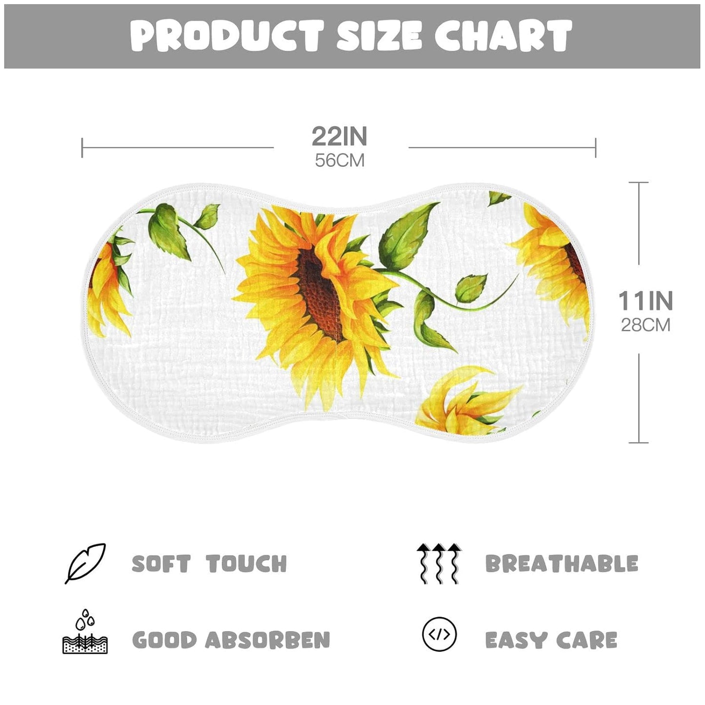 Muslin Baby Burp Cloths Set of 1, Soft Absorbent Big Sunflower Muslin Washcloths, Bibs, Face Towel for Newborn Boys Girls, 22 x 11 Inch