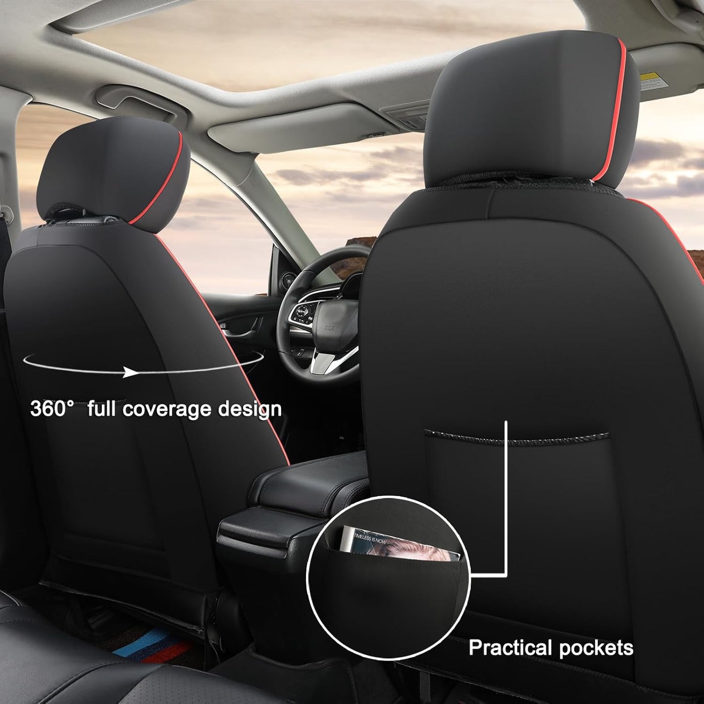 GIANT PANDA Front Car Seat Cover for Kia, Piping Leather Bucket Seat Protectors Waterproof, Custom Fit Kia Sorento Sportage Forte Telluride K5 Seltos Soul Optima Carnival (2 Pack Black+Red Line)