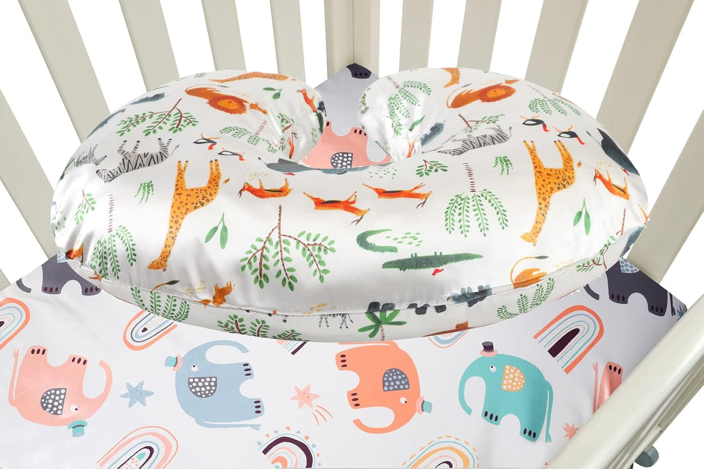 Satin Nursing Pillow Cover Set 2 Pack Ultra Soft Silk Compatible with Boppy Pillow for Breastfeeding Pillow Protect for Baby Hair and Skin Elephant & Rhino Lion