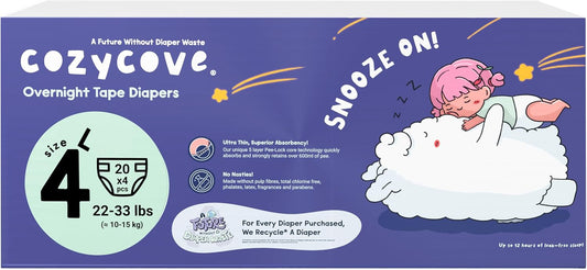 Cozycove Size 4 Diapers, Snooze On Slim Overnight Tape Diapers, Size 4 (22-33 lbs), 80 Count (4 Packs of 20)