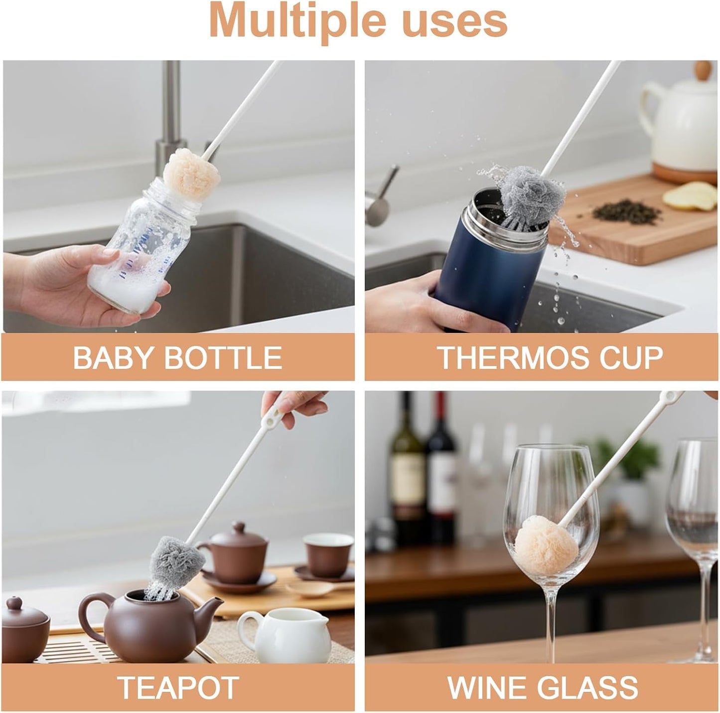 360° Flexible PP Bottle Brush – 13.3" Long Handle Narrow Bottle Cleaning Brush for Baby Bottles, Water Bottles, Sports Bottles & Travel Mugs, Includes 2 Hooks, 2 Pack, Gray & White