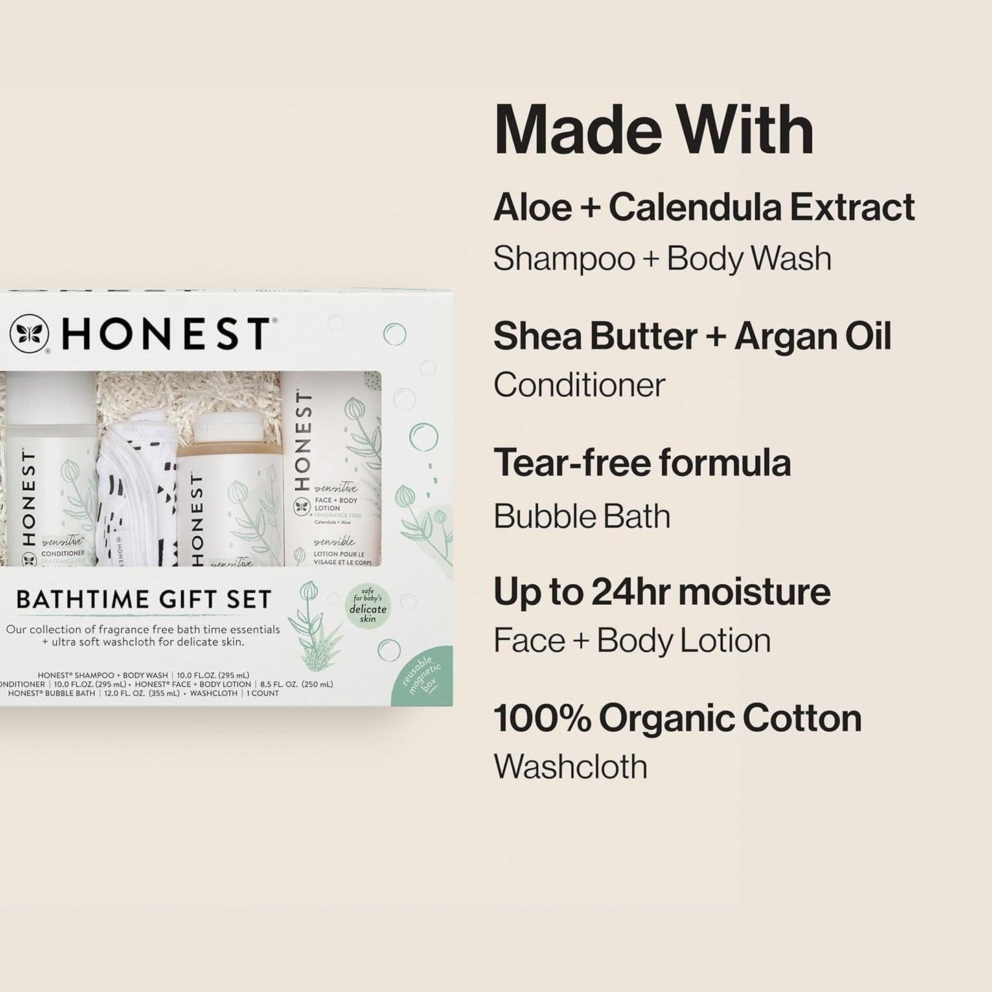 The Honest Company Fragrance Free Bathtime Gift Set | Hypoallergenic Bath Essentials for Sensitive Skin | Shampoo + Body Wash, Face + Body Lotion, Bubble Bath, Conditioner, Wash Cloth
