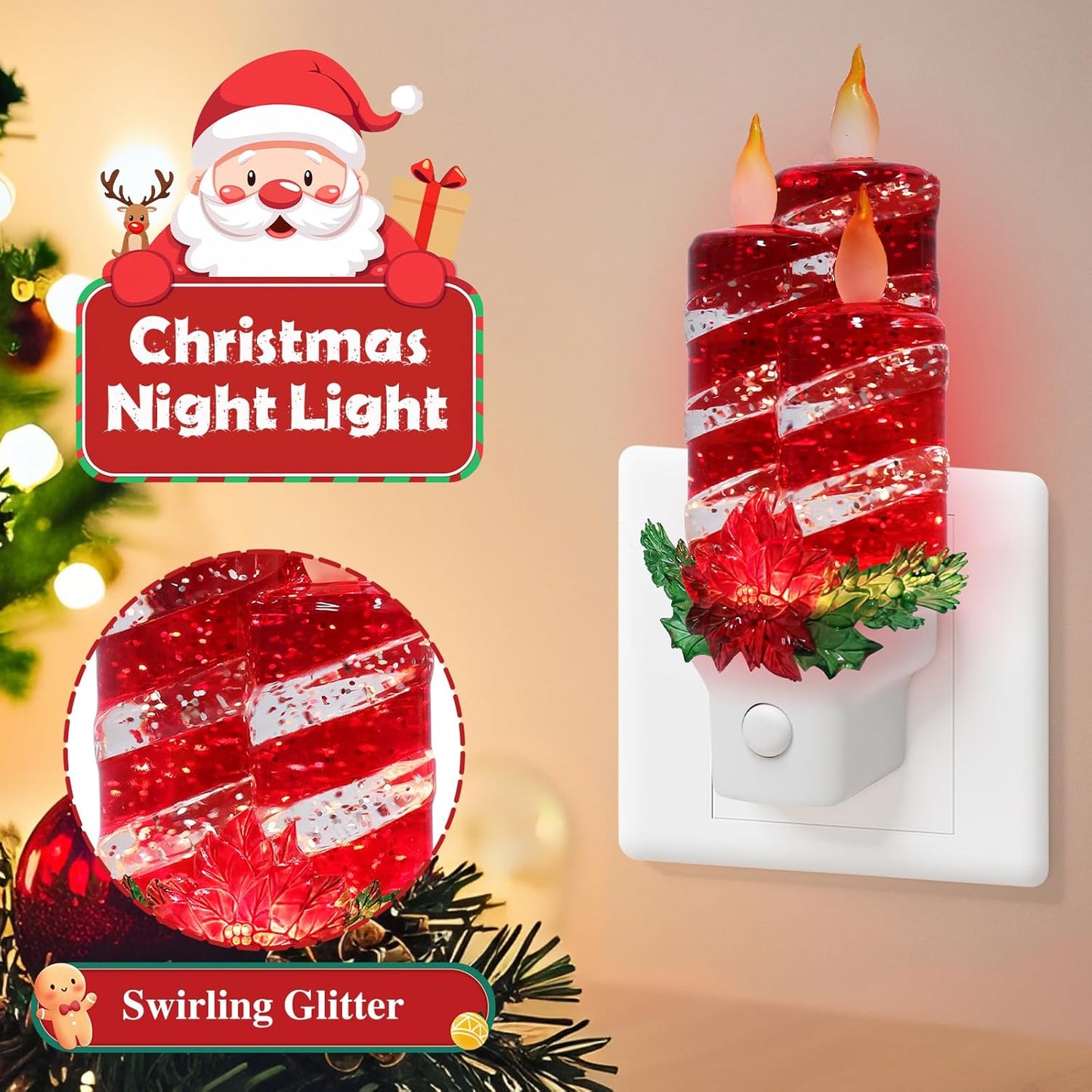 2 Pack Christmas Candle Night Light Plug into Wall Glitter Water Nightlight with USB/Outlet Options, Christmas Decorative Nightlight for Bedroom Kitchen Nursery Holiday Decorations Gifts (Red Candle)