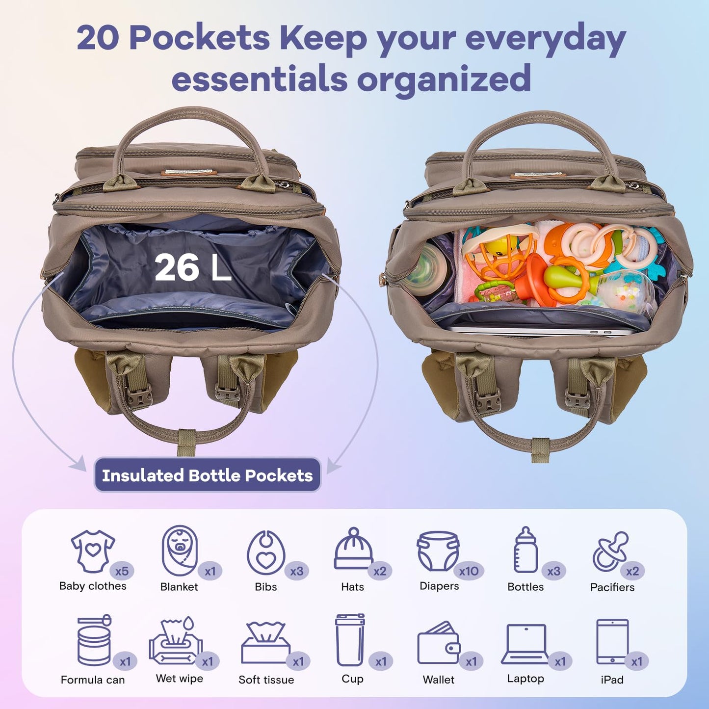 RUVALINO Diaper Bag Backpack, Multifunction Travel Pack Maternity Baby Changing Bags, Large Capacity, Waterproof, Khaki