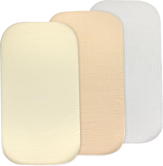 3-Pack Organic Muslin Bassinet Fitted Sheets, Compatible with Halo, Snoo, Graco, Dream On Me, Delta, and Other Standard Size Bassinets - Fits Oval, Hourglass, & Rectangle Shapes (32 x 16 x 4 Inches)