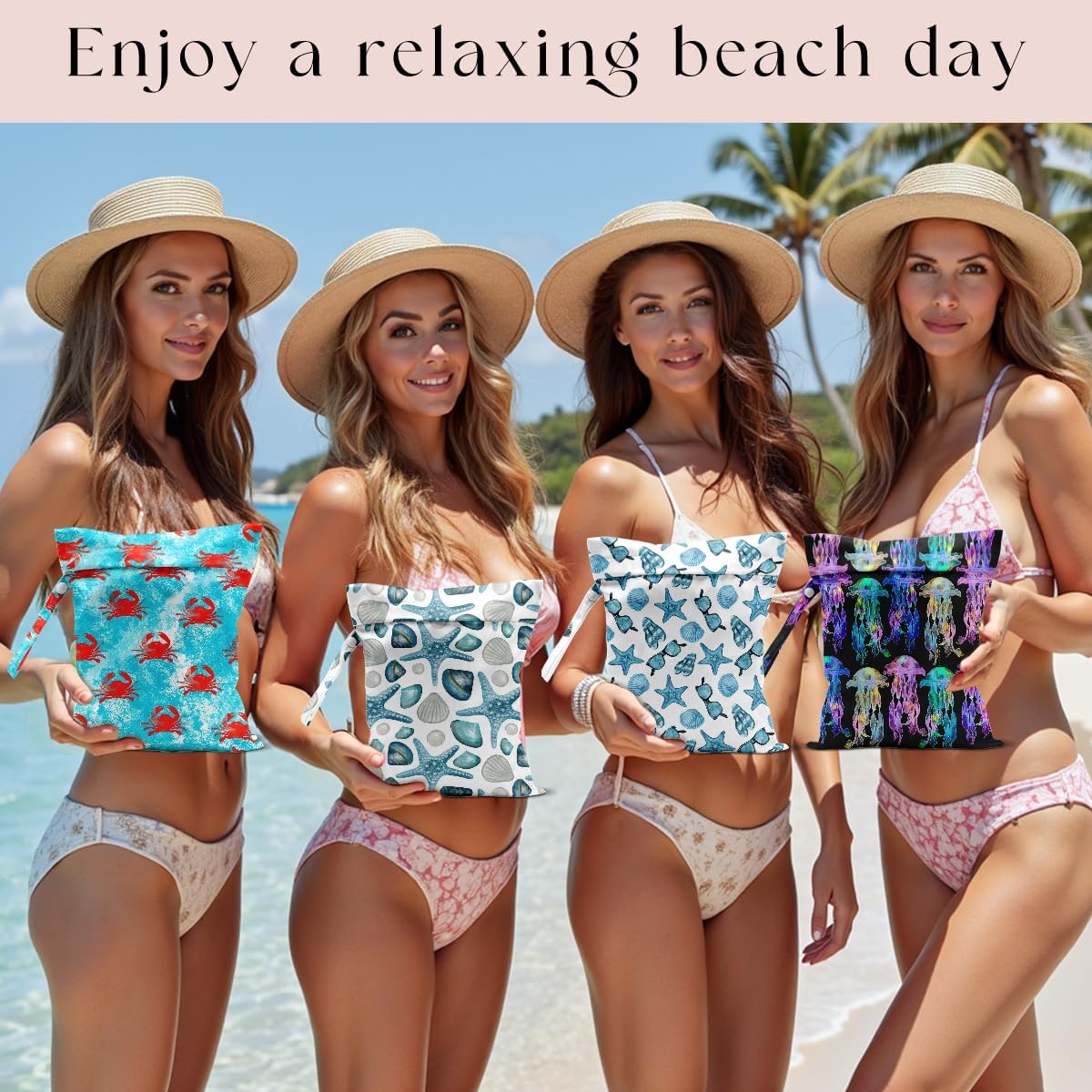 4 Pack Wet Bag for Swimsuit, Beach Travel Essentials Wet Dry Bag, for Sunscreen Toiletry Dirty Clothes Yoga Gym Diaper, Friend Summer Beach Vacation Gifts. Crabs, starfish, jellyfish