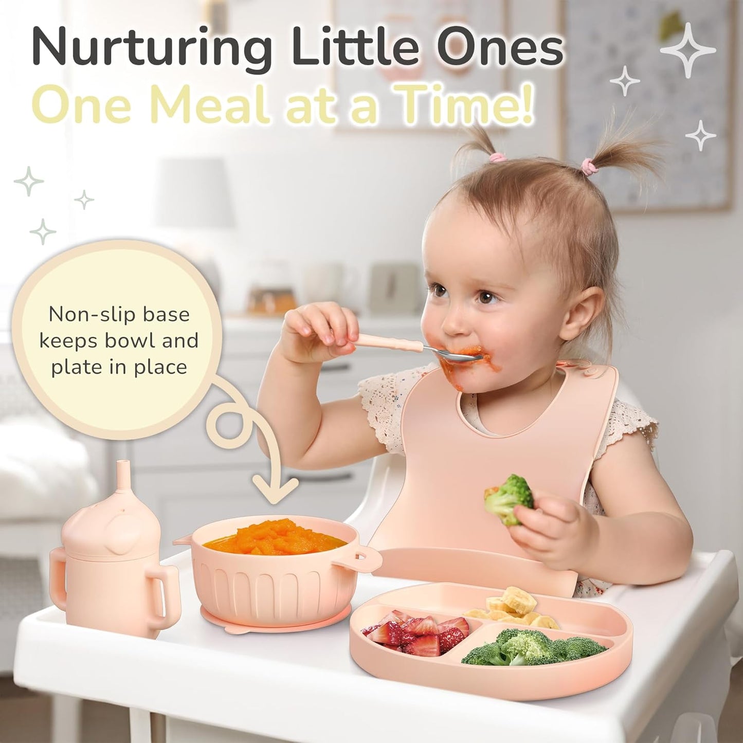 mimi & kiki BPA-Free Silicone Baby Feeding Set, Baby Plates and Bowls Set, Baby Led Weaning Supplies, Silicone Suction Plate, Baby Utensils, Bib and Cup, Self Feeding, Dishwasher Safe (Light Pink)
