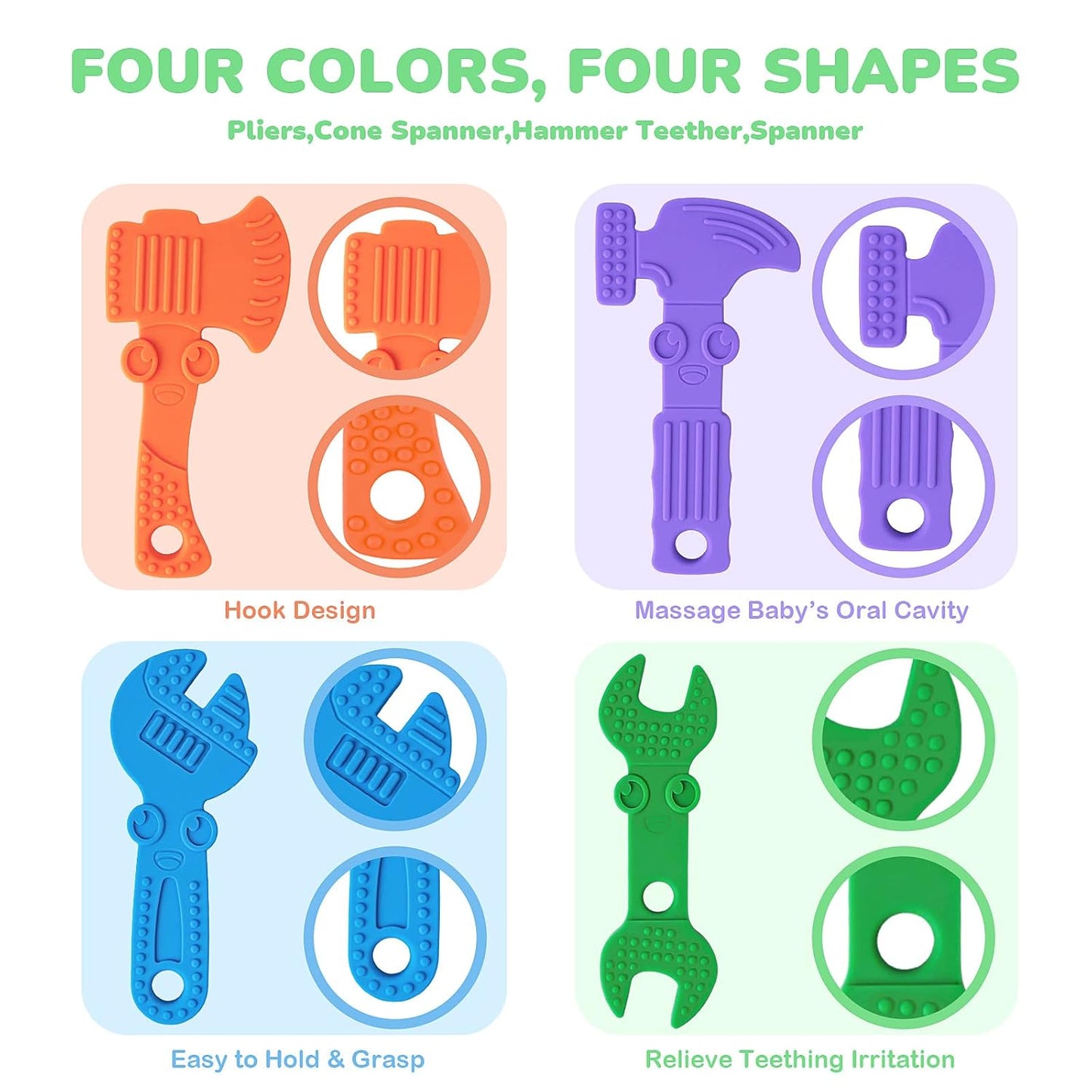 TYRY.HU Baby Teething Toys for Babies, Baby Teether Toys, BPA Free Silicone Baby Molar Teether Chew Toys, Hammer Wrench Spanner Pliers for Boys Girls, Soft-Textured, Easy to Hold & Clean, 4 Packs