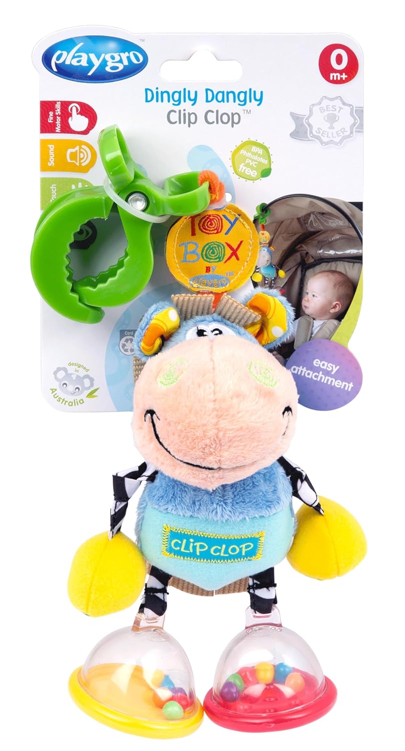 Playgro Dingly Dangly Clip Clop - Melodic Infant Rattle Toy for 0+ Months with Stroller Clip, Car Seat Charm, & Crib Hanger - Engaging Developmental Fun for Newborns - Hanging Toys for Babies
