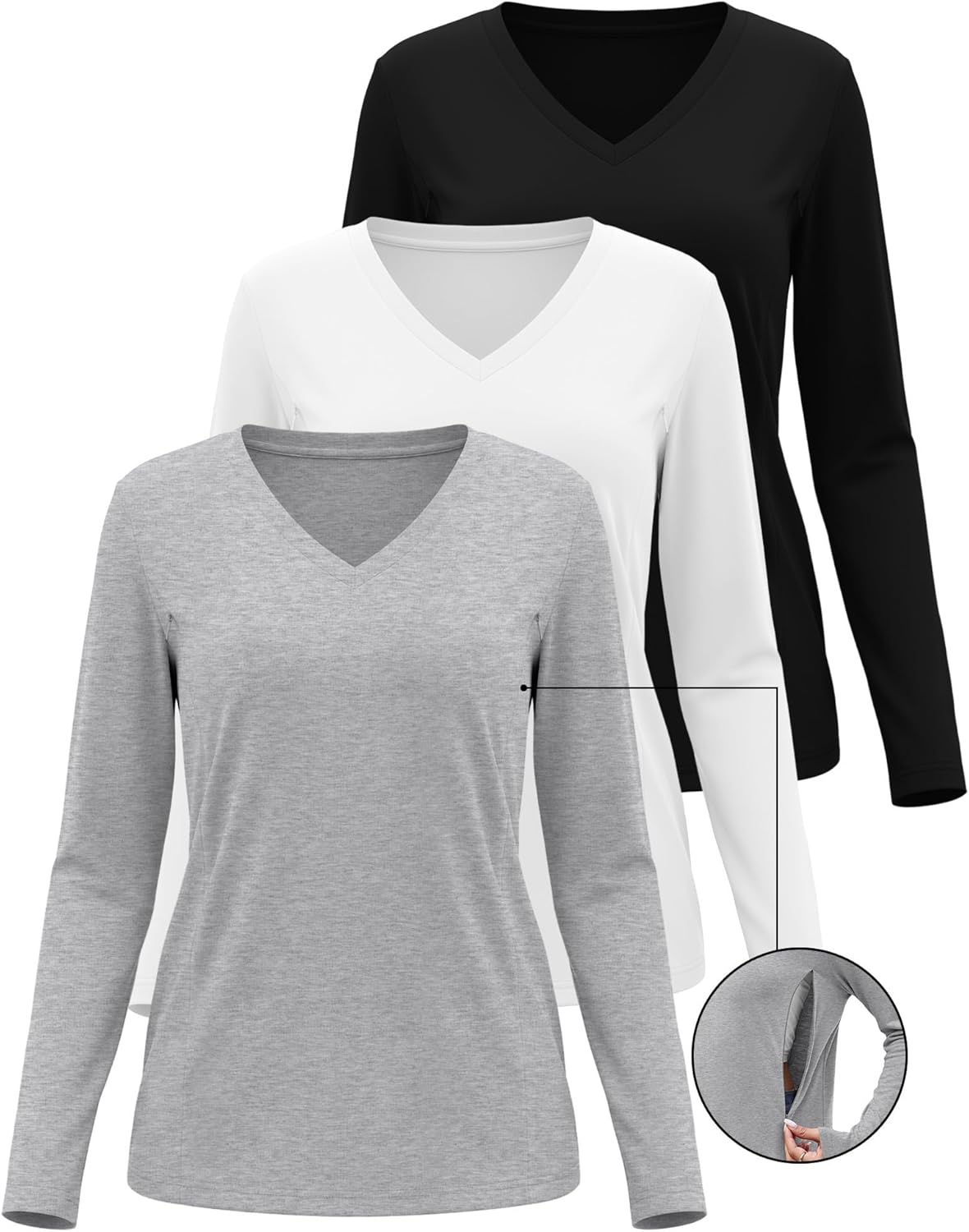 Huukeay 3 Pack Women's Long Sleeve Nursing Tops, Breastfeeding Hidden Zippers Shirts V Neck Maternity Pregnancy Tees Clothes