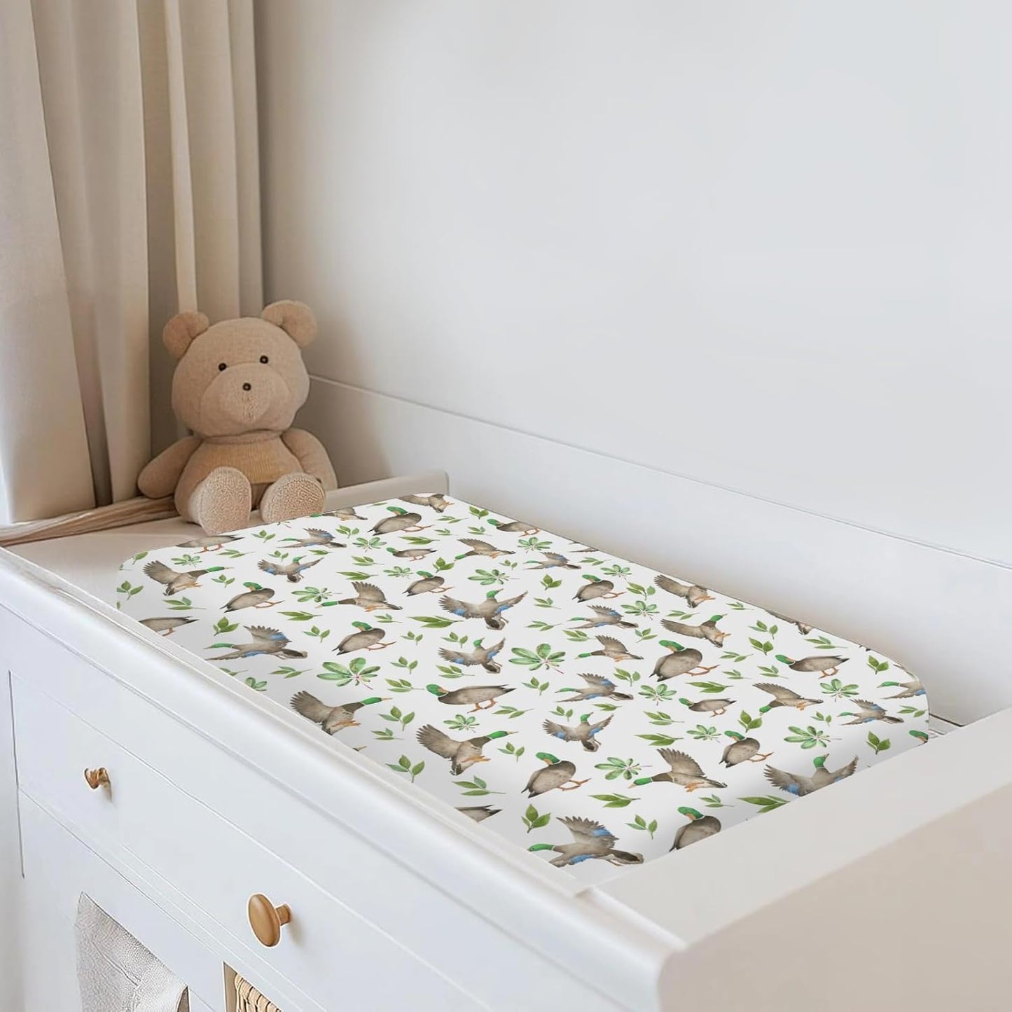 Wild Ducks Green Leaves Changing Pad Covers for Baby Girl Boy Green Mallard Ducks Fitted Change Table Cover Mats Duck Hunting Animals Soft Diaper Changing Table Sheets 32''×16''