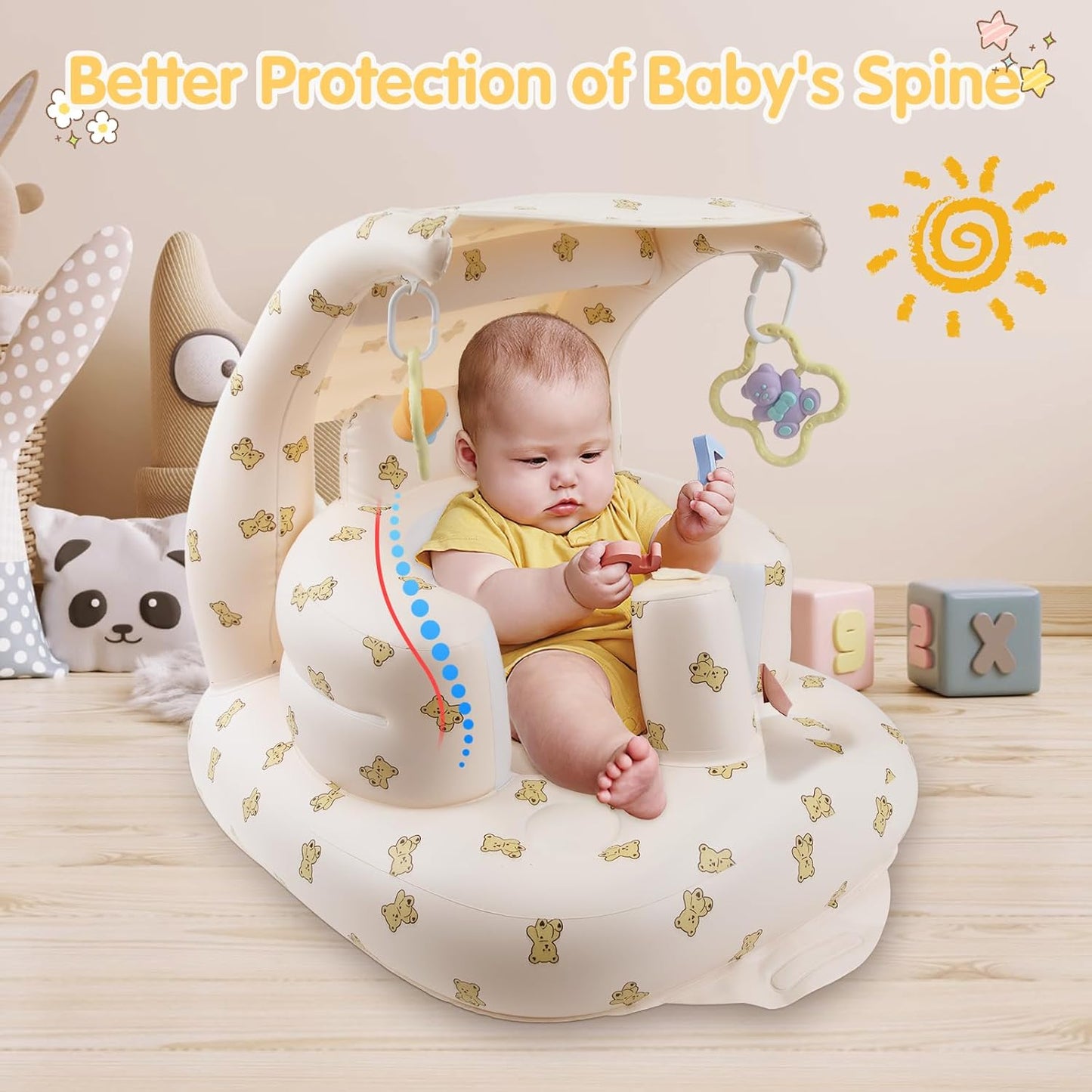 Inflatable Baby Chair with Canopy and Sensory Ornament, Inflatable Baby Seat for Babies 3 Months & Up Sitting Up, Blow Up Infant Floor Seat with Built in Air Pump - Bear