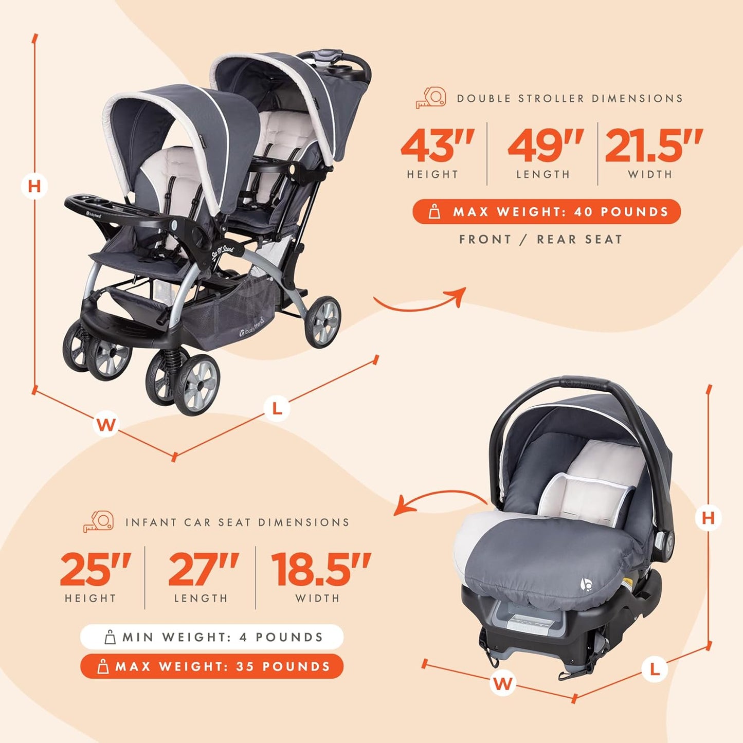 Baby Trend Infant and Toddler Double Stroller & 2 Car Seat Combo, 3 Pc Set, Magnolia - Portable and Lightweight Stroller Duo and Car Seat Travel System Tandem
